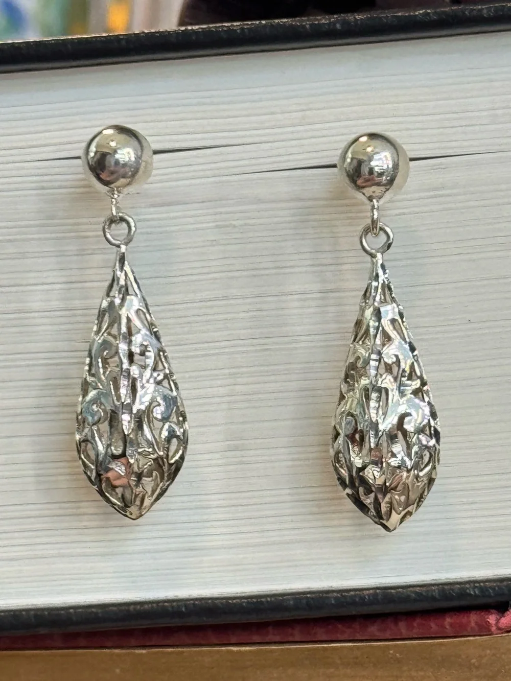Vintage Sterling Silver Puffed Filigree Teardrop Earrings GI 925